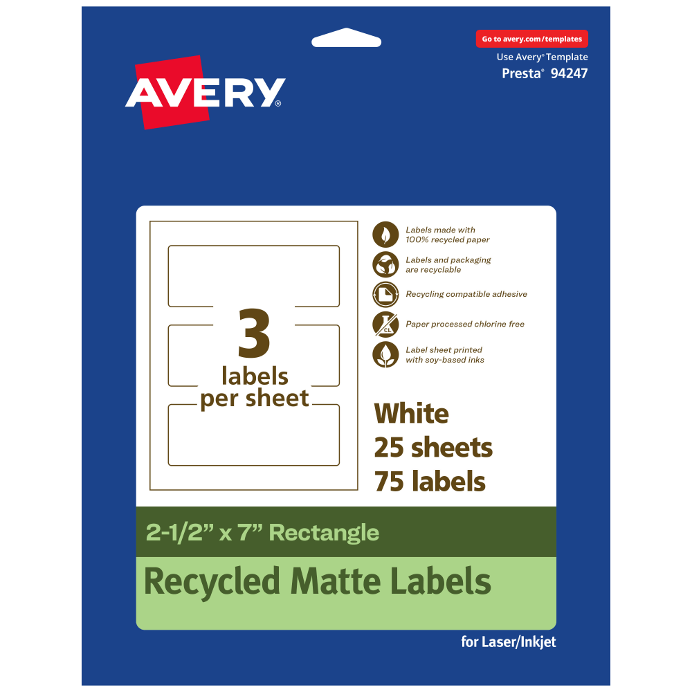 Avery Recycled Paper Labels, 94247-EWMP25, Rectangle, 2-1/2in x 7in, White, Pack Of 75 MPN:94247-EWMP25