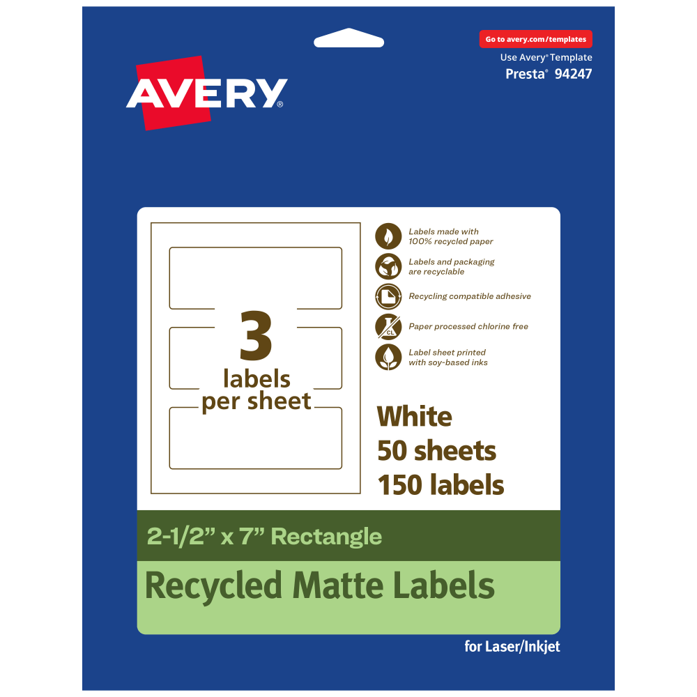 Avery Recycled Paper Labels, 94247-EWMP50, Rectangle, 2-1/2in x 7in, White, Pack Of 150 MPN:94247-EWMP50