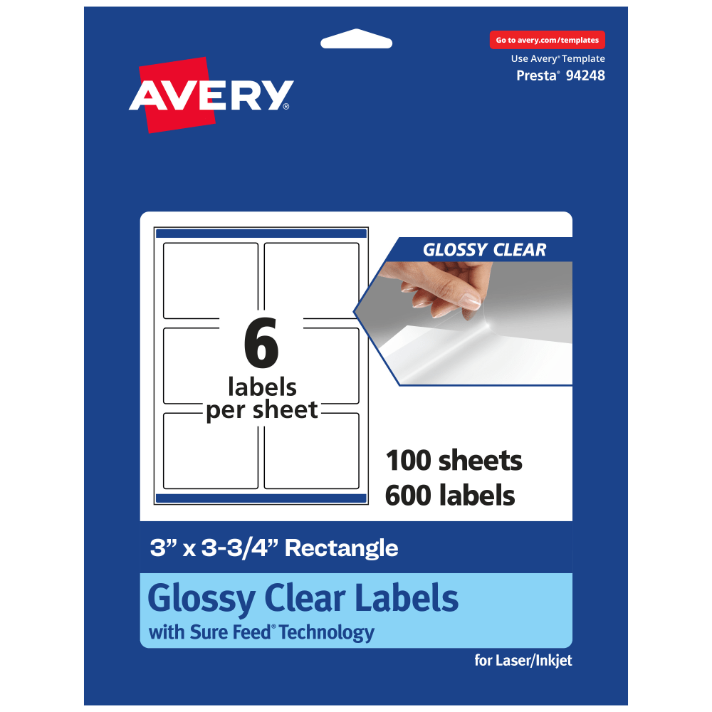 Avery Glossy Permanent Labels With Sure Feed, 94248-CGF100, Rectangle, 3in x 3-3/4in, Clear, Pack Of 600 MPN:94248-CGF100
