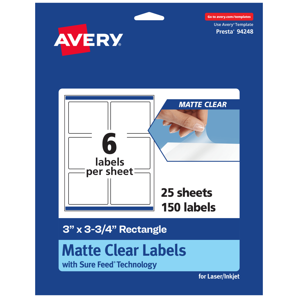Avery Permanent Labels With Sure Feed, 94248-CMF25, Rectangle, 3in x 3-3/4in, Matte Clear, Pack Of 150 MPN:94248-CMF25
