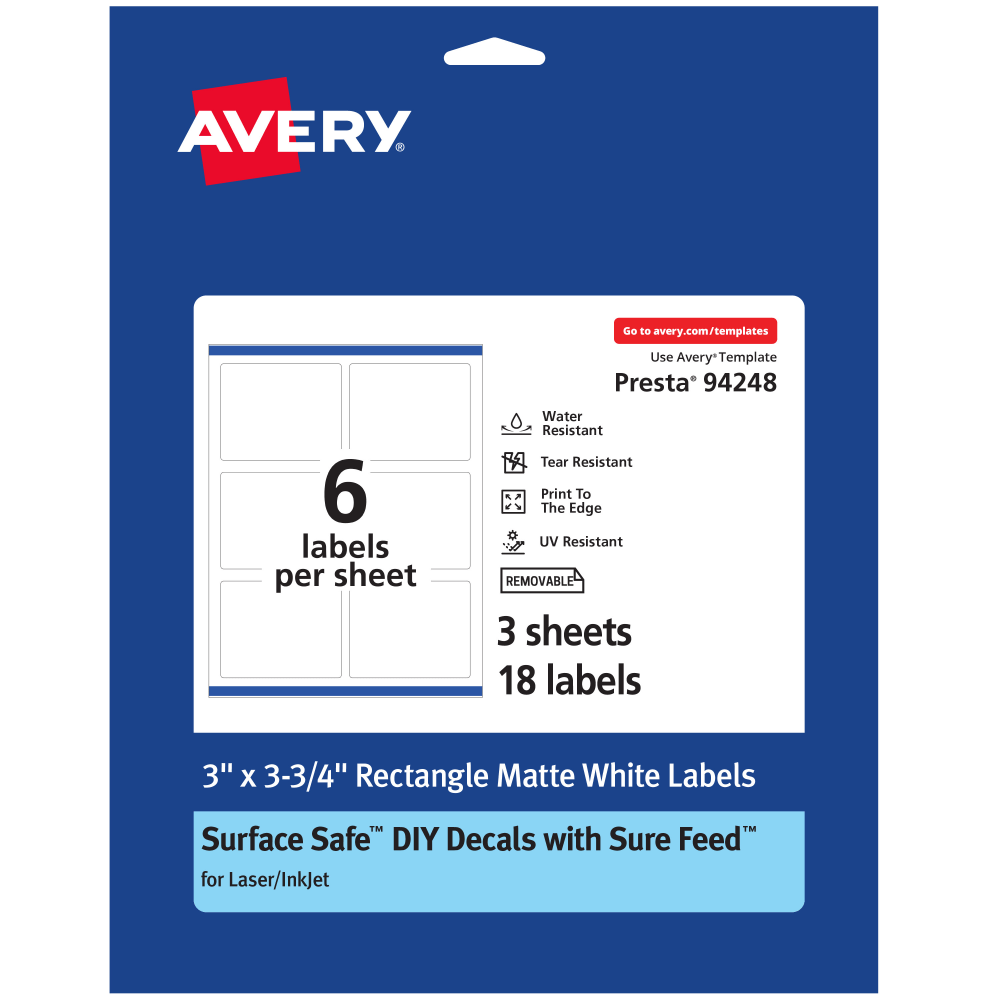 Avery Durable Removable Labels With Sure Feed, 94248-DRF3, Rectangle, 3in x 3-3/4in, White, Pack Of 18 MPN:94248-DRF3