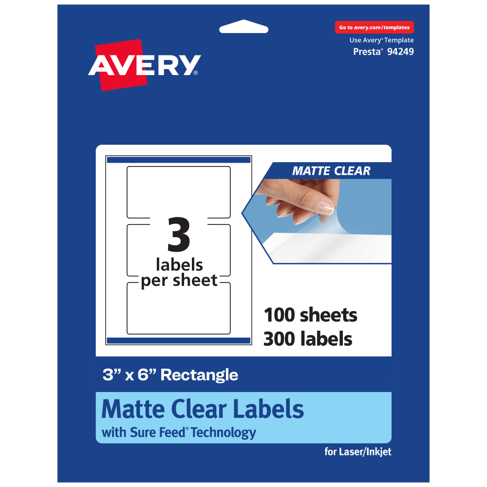 Avery Permanent Labels With Sure Feed, 94249-CMF100, Rectangle, 3in x 6in, Matte Clear, Pack Of 300 MPN:94249-CMF100