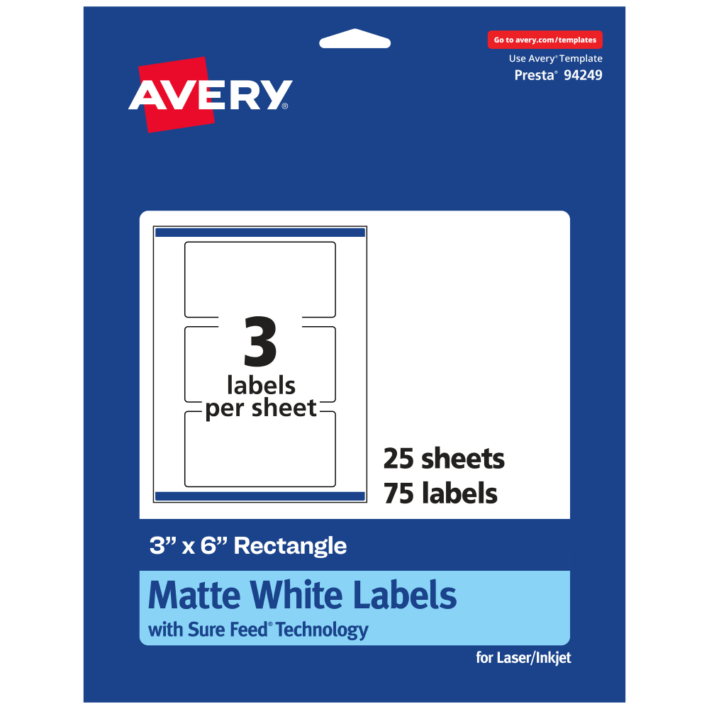 Avery Permanent Labels With Sure Feed, 94249-WMP25, Rectangle, 3in x 6in, White, Pack Of 75 MPN:94249-WMP25