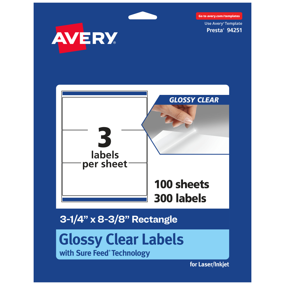 Avery Glossy Permanent Labels With Sure Feed, 94251-CGF100, Rectangle, 3-1/4in x 8-3/8in, Clear, Pack Of 300 MPN:94251-CGF100