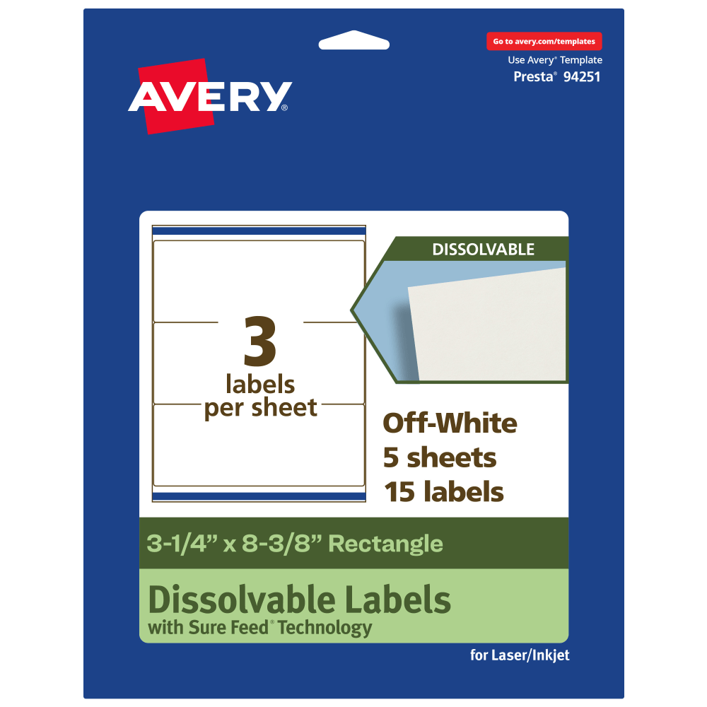 Avery Dissolvable Labels With Sure Feed Technology, 94251-DWMP5, Rectangle, 3-1/4inx8-3/8in, Matte Off-White, Pack Of 15 MPN:94251-DWMP5