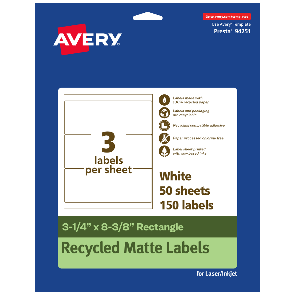 Avery Recycled Paper Labels, 94251-EWMP50, Rectangle, 3-1/4in x 8-3/8in, White, Pack Of 150 MPN:94251-EWMP50