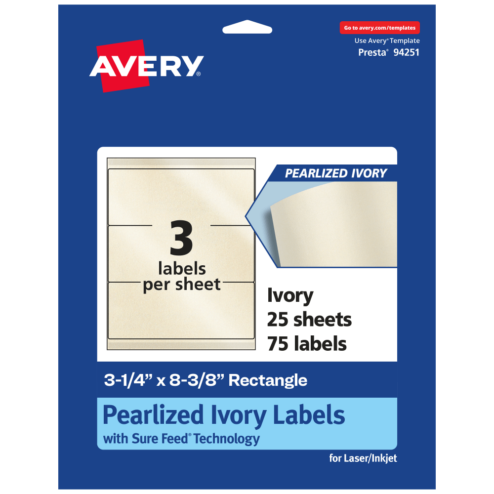 Avery Pearlized Permanent Labels With Sure Feed, 94251-PIP25, Rectangle, 3-1/4in x 8-3/8in, Ivory, Pack Of 75 Labels MPN:94251-PIP25