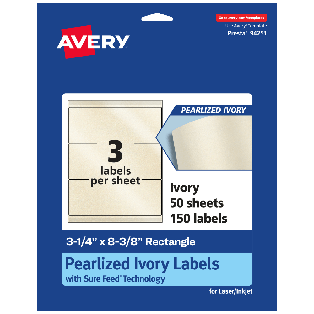 Avery Pearlized Permanent Labels With Sure Feed, 94251-PIP50, Rectangle, 3-1/4in x 8-3/8in, Ivory, Pack Of 150 Labels MPN:94251-PIP50