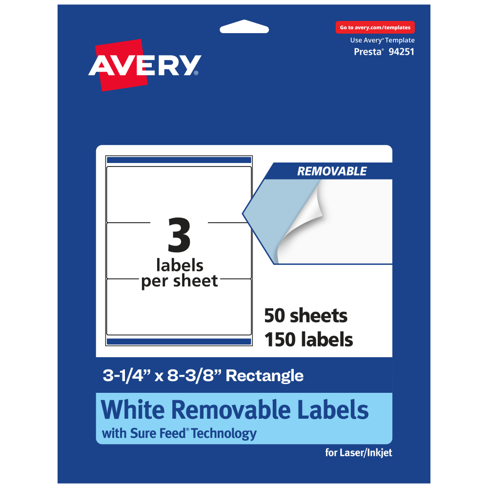 Avery Removable Labels With Sure Feed, 94251-RMP50, Rectangle, 3-1/4in x 8-3/8in, White, Pack Of 150 Labels MPN:94251-RMP50
