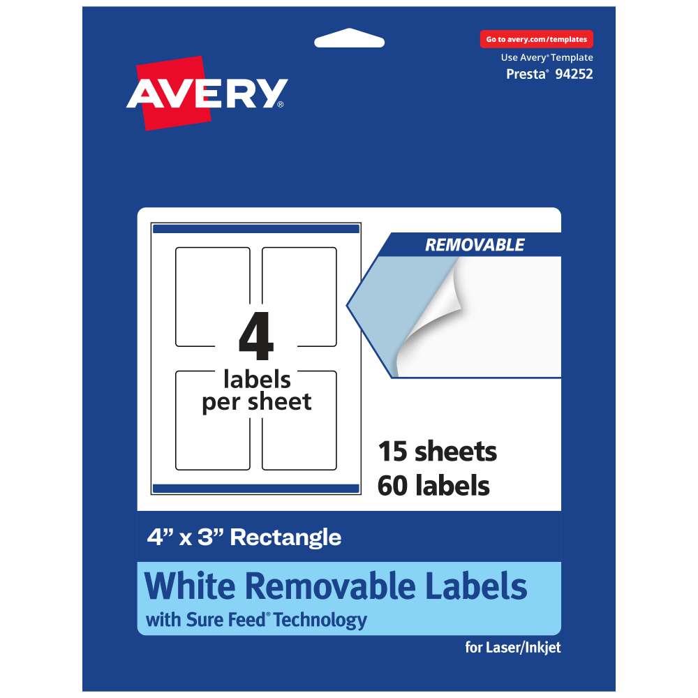 Avery Removable Labels With Sure Feed, 94252-RMP15, Rectangle, 4in x 3in, White, Pack Of 60 Labels MPN:94252-RMP15