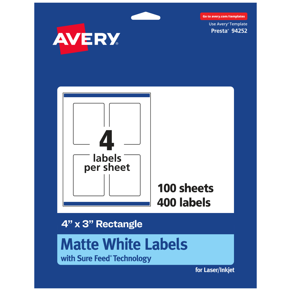 Avery Permanent Labels With Sure Feed, 94252-WMP100, Rectangle, 4in x 3in, White, Pack Of 400 MPN:94252-WMP100