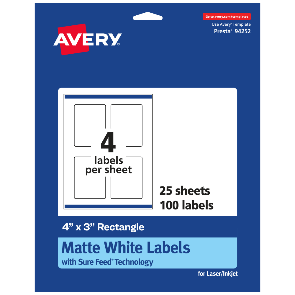 Avery Permanent Labels With Sure Feed, 94252-WMP25, Rectangle, 4in x 3in, White, Pack Of 100 MPN:94252-WMP25