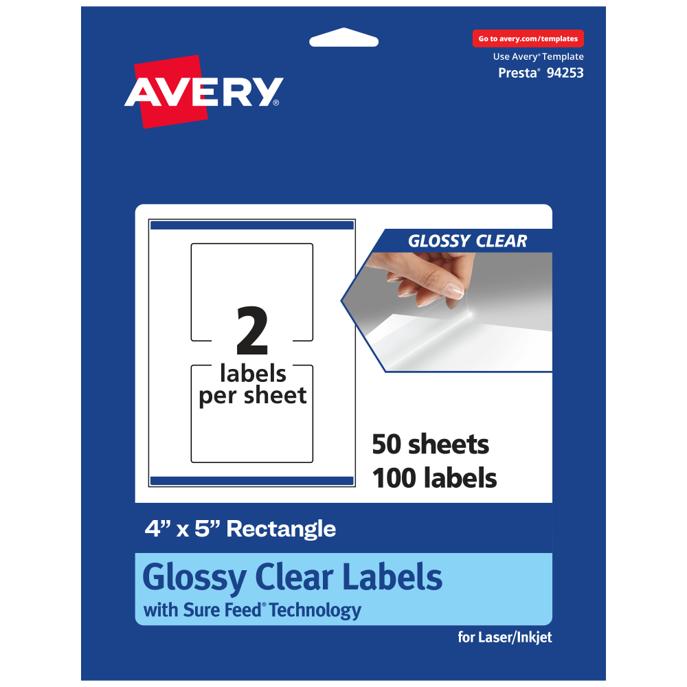 Avery Glossy Permanent Labels With Sure Feed, 94253-CGF50, Rectangle, 4in x 5in, Clear, Pack Of 100 MPN:94253-CGF50