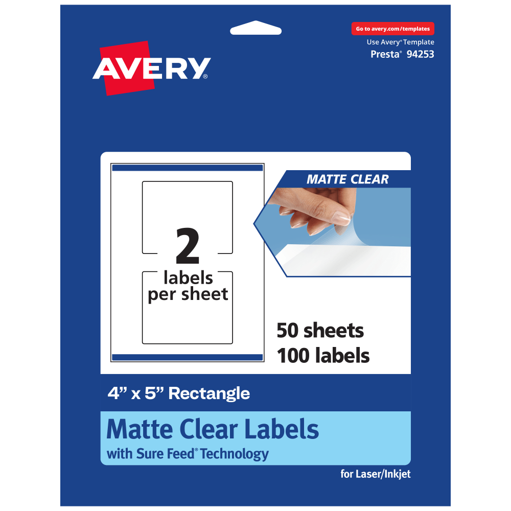 Avery Permanent Labels With Sure Feed, 94253-CMF50, Rectangle, 4in x 5in, Matte Clear, Pack Of 100 MPN:94253-CMF50
