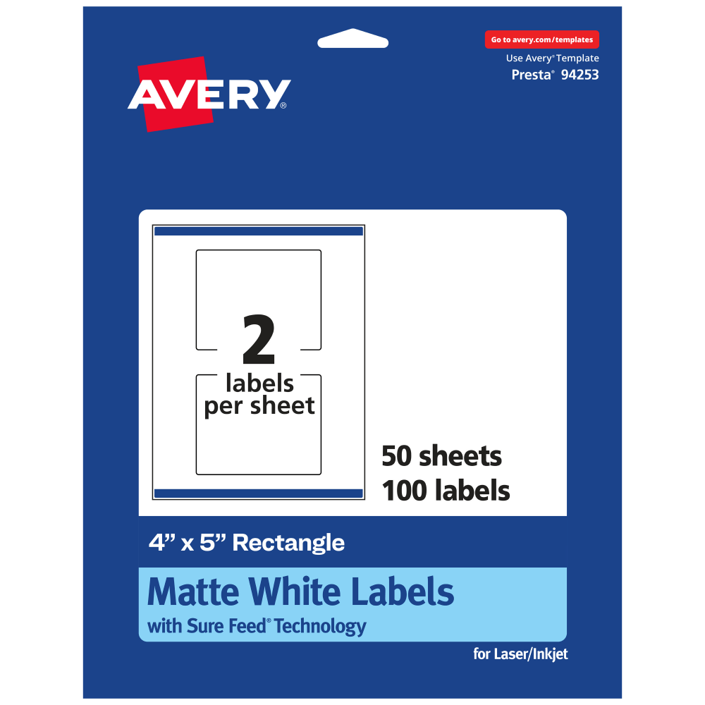 Avery Permanent Labels With Sure Feed, 94253-WMP50, Rectangle, 4in x 5in, White, Pack Of 100 MPN:94253-WMP50
