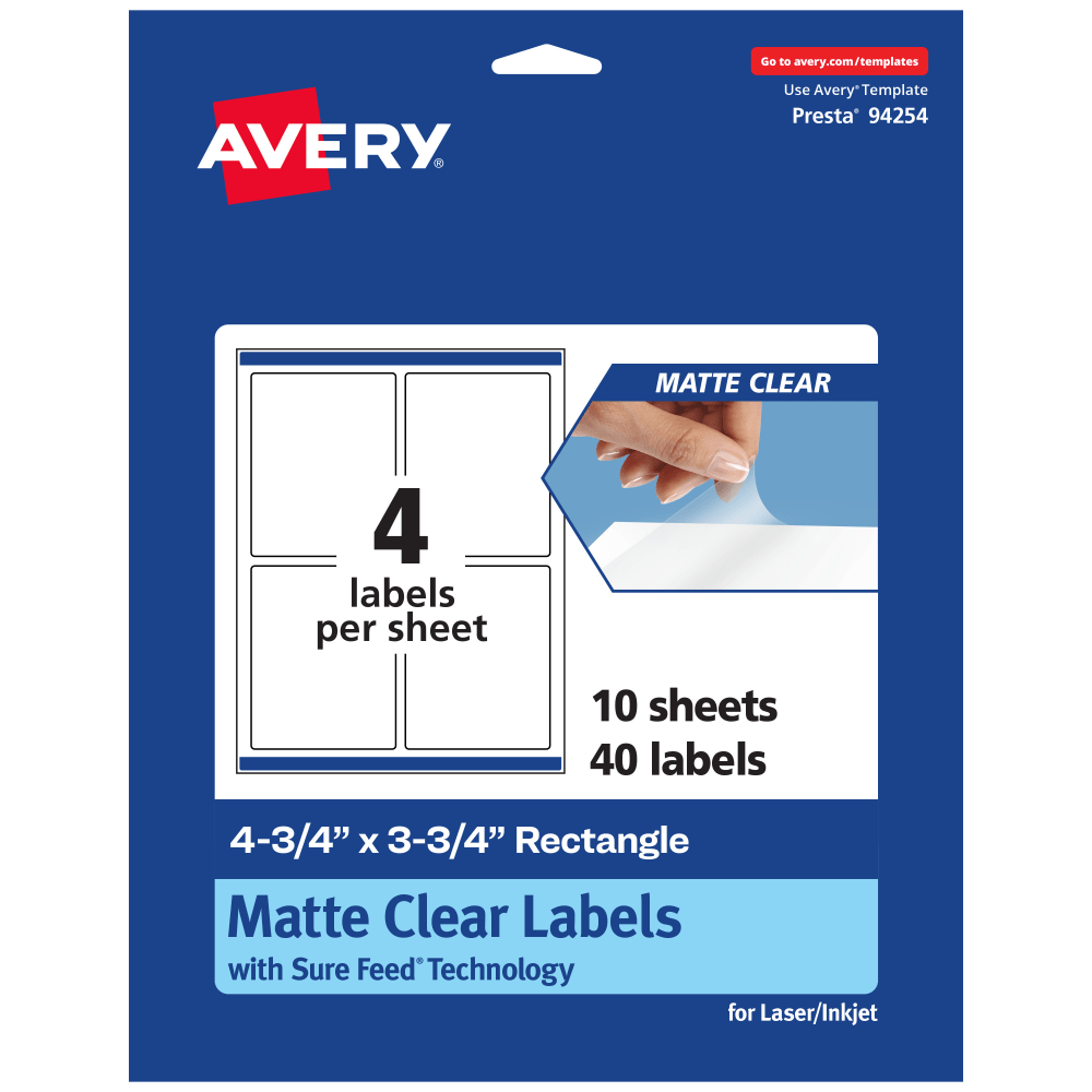 Avery Permanent Labels With Sure Feed, 94254-CMF10, Rectangle, 4-3/4in x 3-3/4in, Matte Clear, Pack Of 40 MPN:94254-CMF10