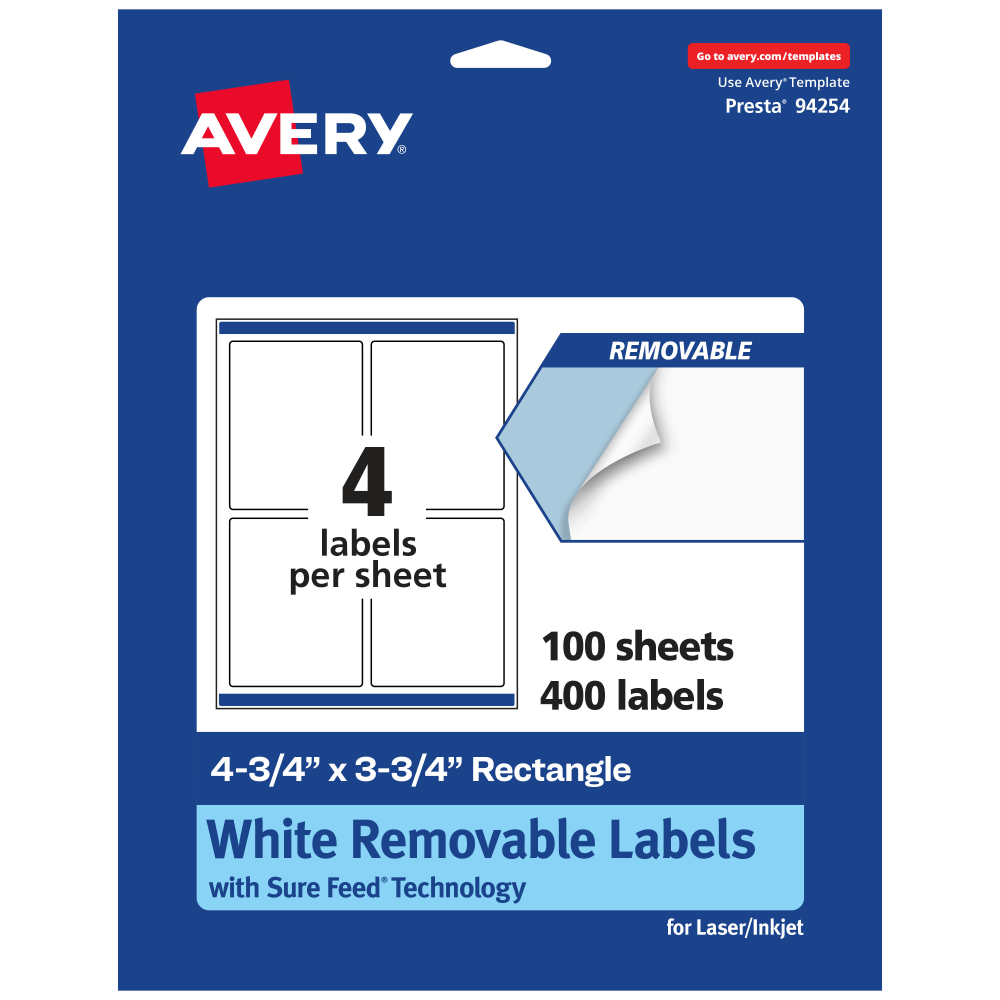 Avery Removable Labels With Sure Feed, 94254-RMP100, Rectangle, 4-3/4in x 3-3/4in, White, Pack Of 400 Labels MPN:94254-RMP100