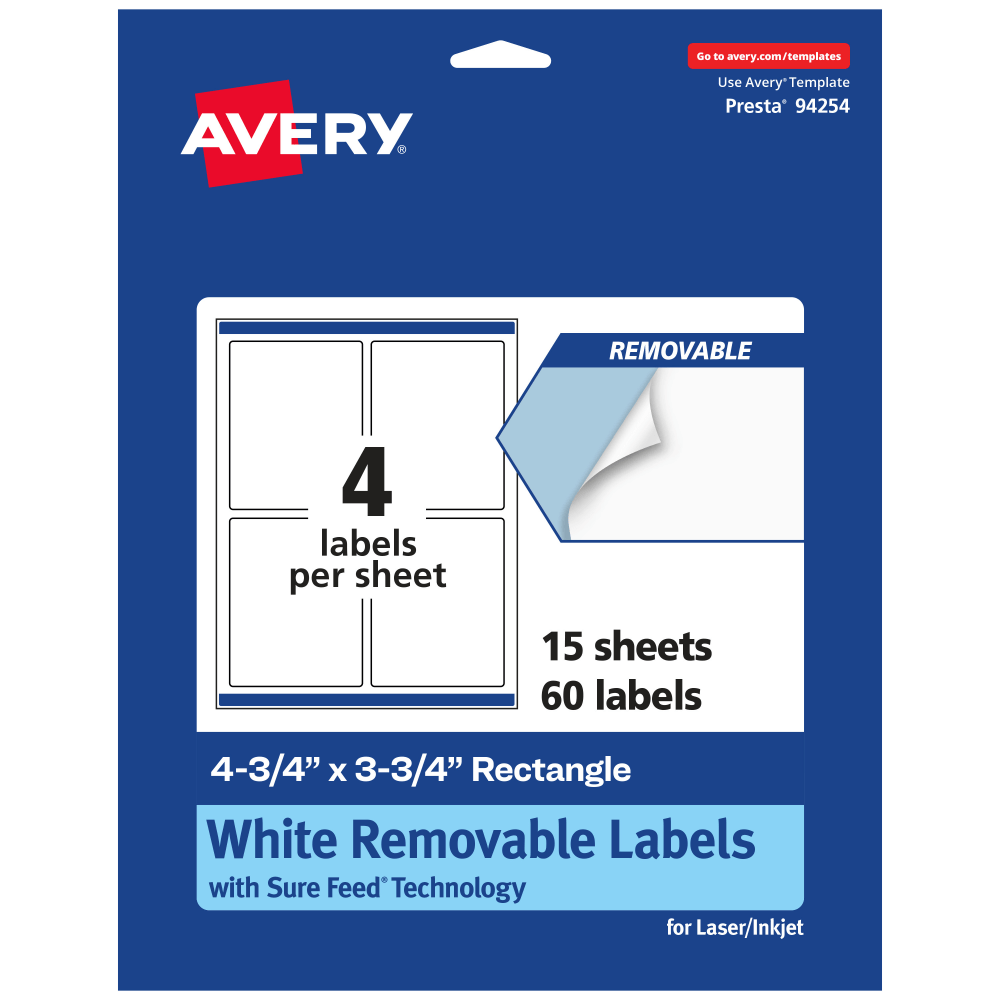 Avery Removable Labels With Sure Feed, 94254-RMP15, Rectangle, 4-3/4in x 3-3/4in, White, Pack Of 60 Labels MPN:94254-RMP15