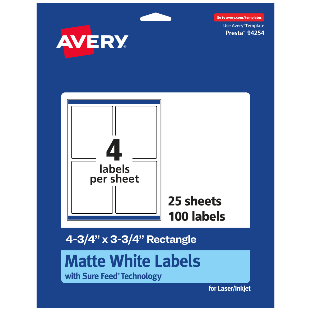 Avery Permanent Labels With Sure Feed, 94254-WMP25, Rectangle, 4-3/4in x 3-3/4in, White, Pack Of 100 MPN:94254-WMP25