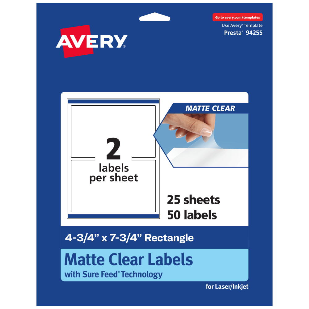Avery Permanent Labels With Sure Feed, 94255-CMF25, Rectangle, 4-3/4in x 7-3/4in, Matte Clear, Pack Of 50 MPN:94255-CMF25