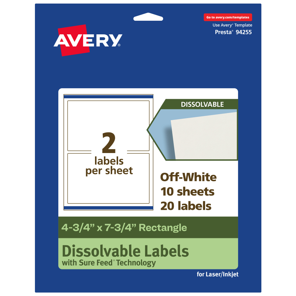 Avery Print-to-the-Edge Dissolvable Labels With Sure Feed Technology, 94255-DWMP10, Rectangle, 4-3/4inx7-3/4in, Matte Off-White, Pack Of 20 MPN:94255-DWMP10