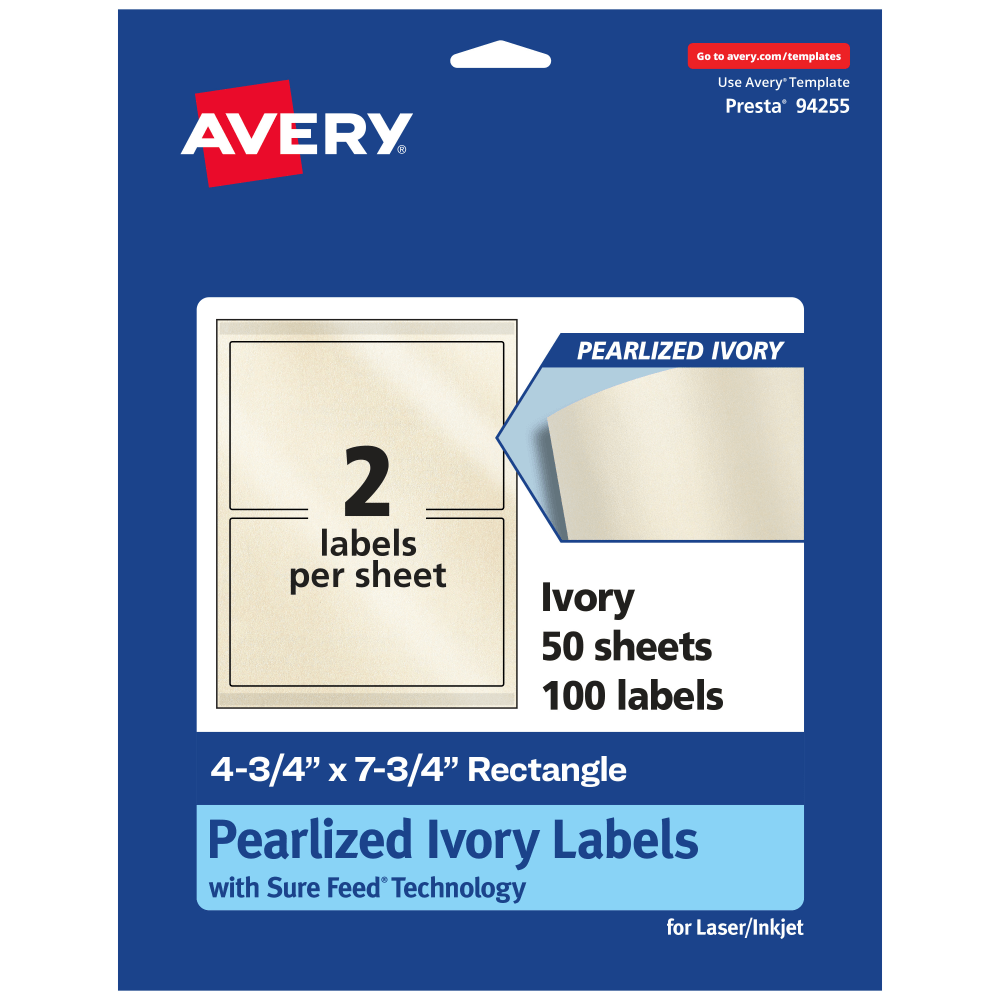 Avery Pearlized Permanent Labels With Sure Feed, 94255-PIP50, Rectangle, 4-3/4in x 7-3/4in, Ivory, Pack Of 100 Labels MPN:94255-PIP50
