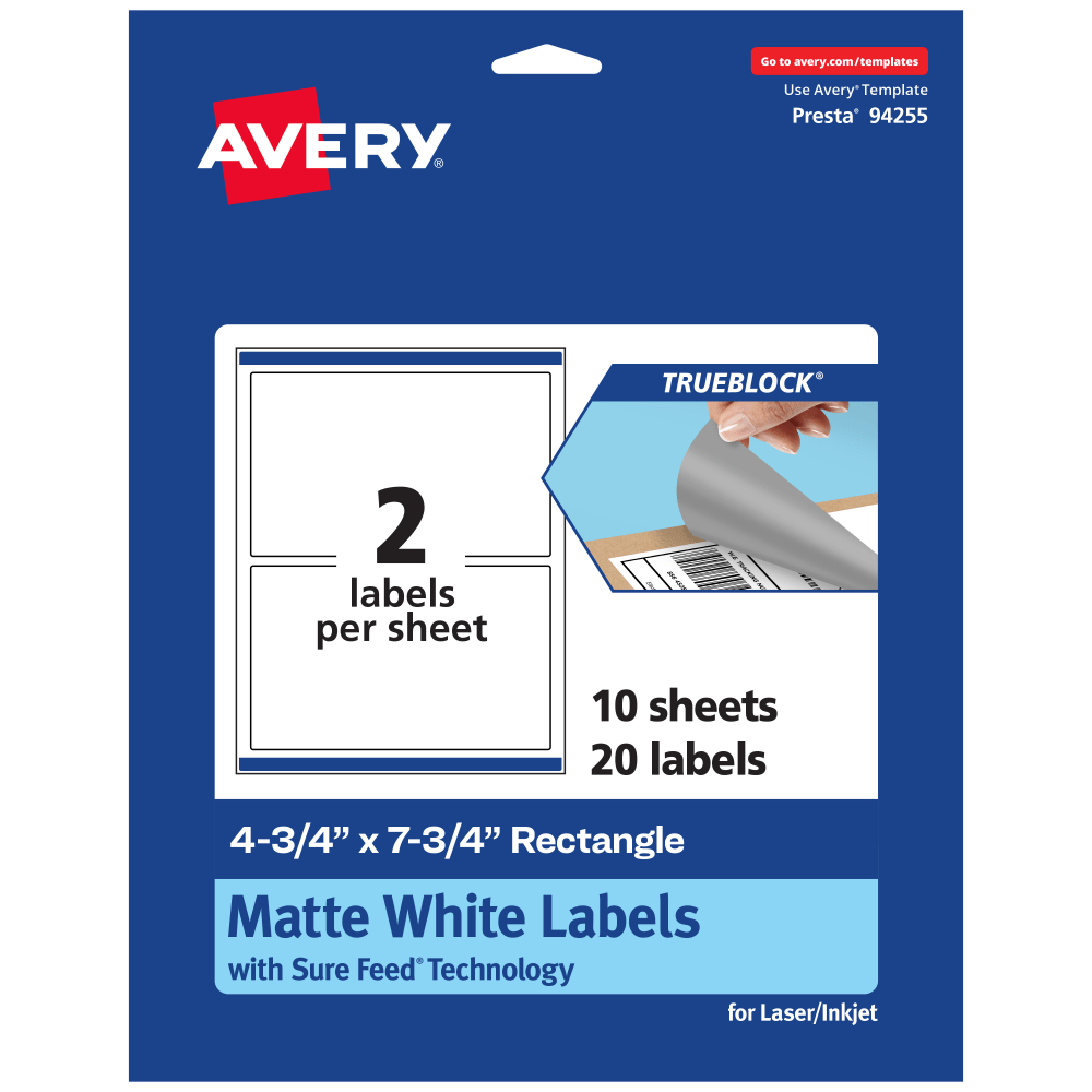 Avery Print-To-The-Edge TrueBlock Labels With Sure Feed, 94255-TWMP10, Rectangle, 4-3/4in x 7-3/4in, Matte White, Pack Of 20 MPN:94255-TWMP10