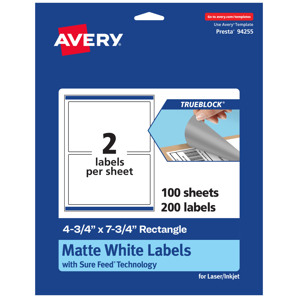 Avery Print-To-The-Edge TrueBlock Labels With Sure Feed, 94255-TWMP100, Rectangle, 4-3/4in x 7-3/4in, Matte White, Pack Of 200 MPN:94255-TWMP100
