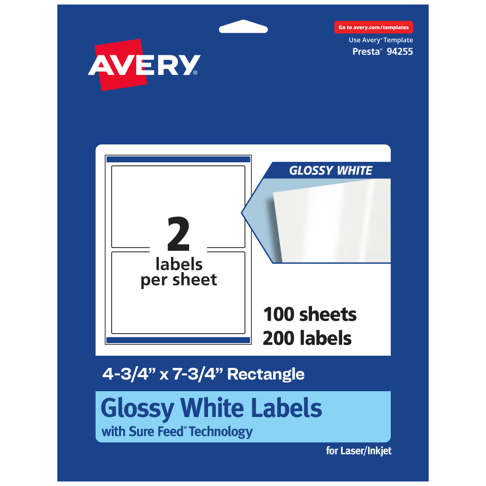 Avery Glossy Permanent Labels With Sure Feed, 94255-WGP100, Rectangle, 4-3/4in x 7-3/4in, White, Pack Of 200 MPN:94255-WGP100