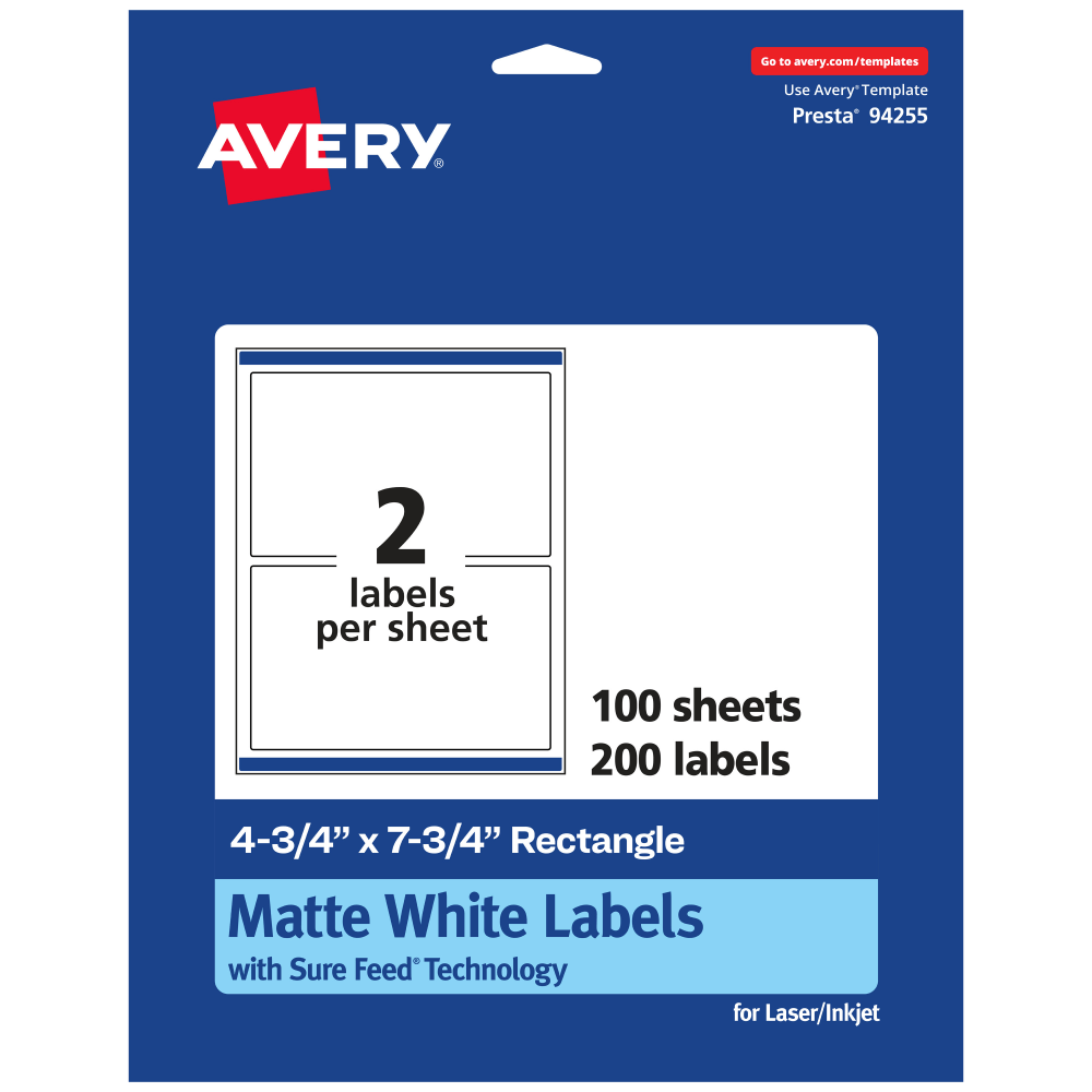 Avery Permanent Labels With Sure Feed, 94255-WMP100, Rectangle, 4-3/4in x 7-3/4in, White, Pack Of 200 MPN:94255-WMP100