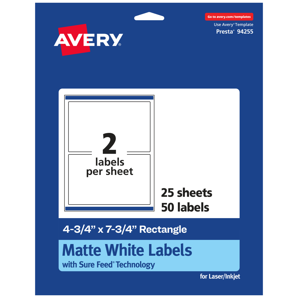 Avery Permanent Labels With Sure Feed, 94255-WMP25, Rectangle, 4-3/4in x 7-3/4in, White, Pack Of 50 MPN:94255-WMP25