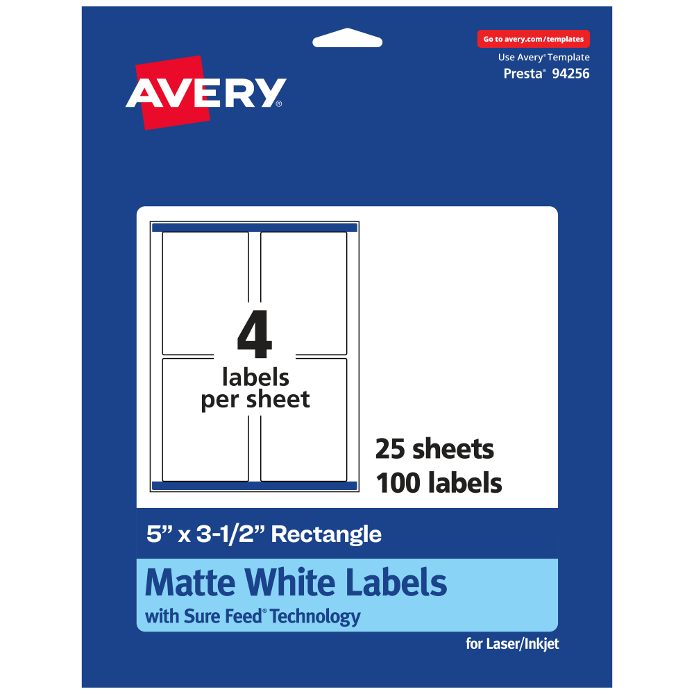 Avery Permanent Labels With Sure Feed, 94256-WMP25, Rectangle, 5in x 3-1/2in, White, Pack Of 100 MPN:94256-WMP25