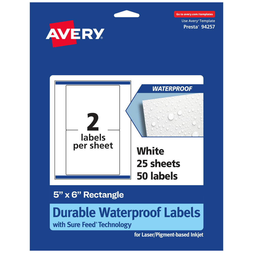 Avery Waterproof Permanent Labels With Sure Feed, 94257-WMF25, Rectangle, 5in x 6in, White, Pack Of 50 MPN:94257-WMF25