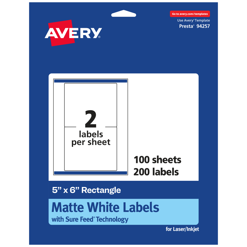 Avery Permanent Labels With Sure Feed, 94257-WMP100, Rectangle, 5in x 6in, White, Pack Of 200 MPN:94257-WMP100