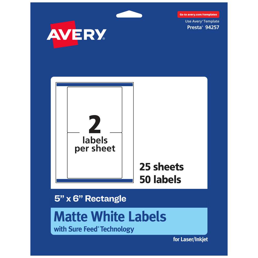 Avery Permanent Labels With Sure Feed, 94257-WMP25, Rectangle, 5in x 6in, White, Pack Of 50 MPN:94257-WMP25
