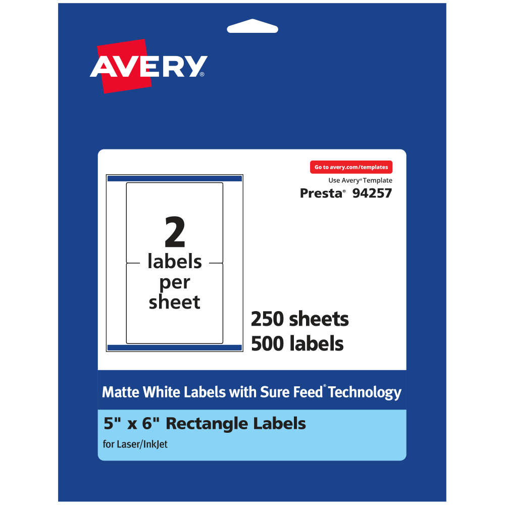 Avery Permanent Labels With Sure Feed, 94257-WMP250, Rectangle, 5in x 6in, White, Pack Of 500 MPN:94257-WMP250