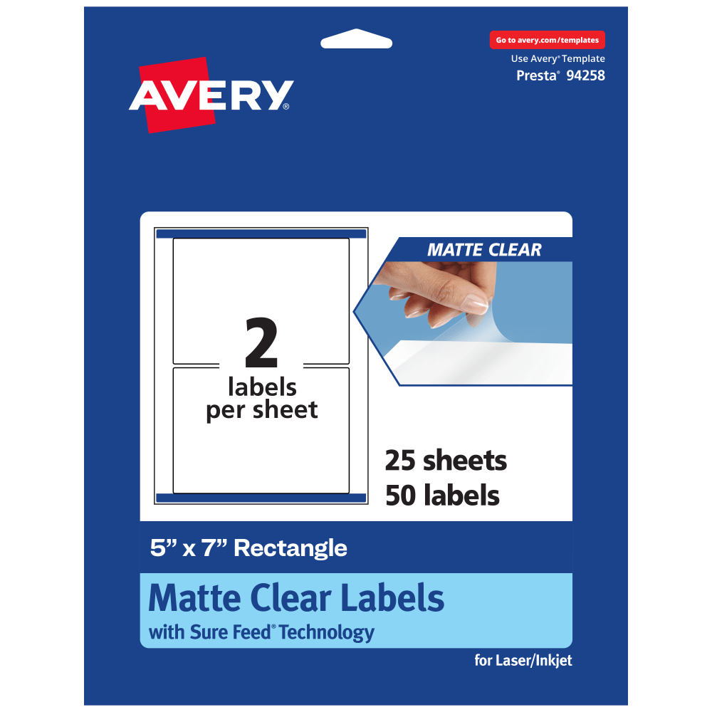 Avery Permanent Labels With Sure Feed, 94258-CMF25, Rectangle, 5in x 7in, Matte Clear, Pack Of 50 MPN:94258-CMF25