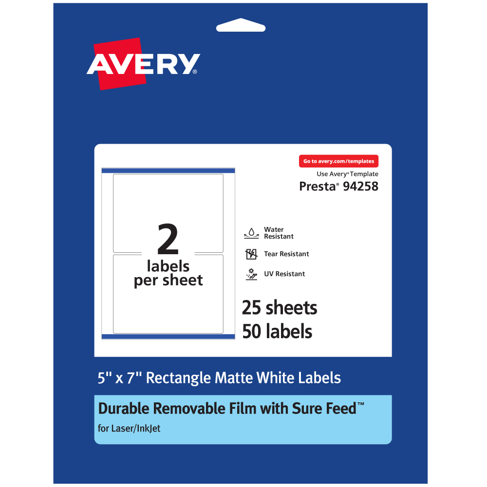 Avery Durable Removable Labels With Sure Feed, 94258-DRF25, Rectangle, 5in x 7in, White, Pack Of 50 MPN:94258-DRF25