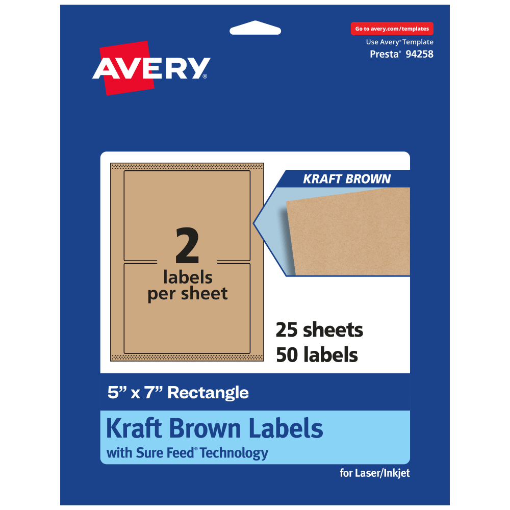 Avery Kraft Permanent Labels With Sure Feed, 94258-KMP25, Rectangle, 5in x 7in, Brown, Pack Of 50 MPN:94258-KMP25