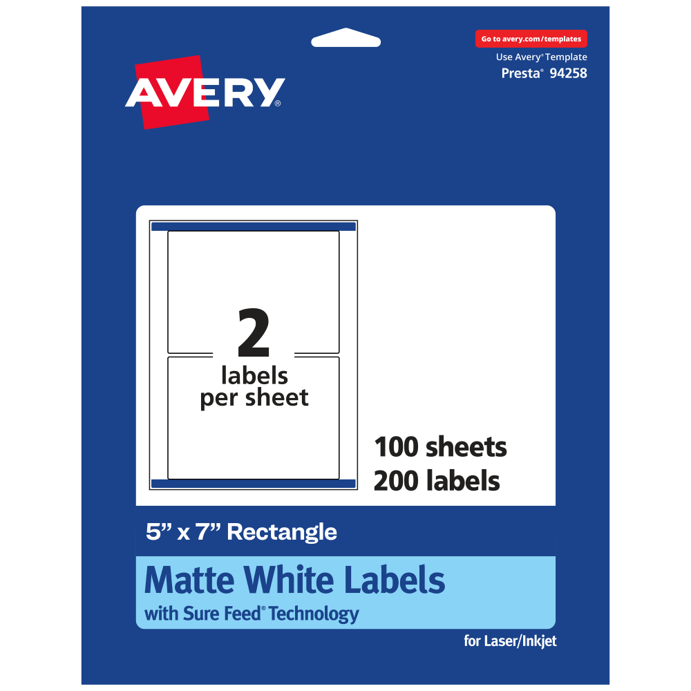Avery Permanent Labels With Sure Feed, 94258-WMP100, Rectangle, 5in x 7in, White, Pack Of 200 MPN:94258-WMP100