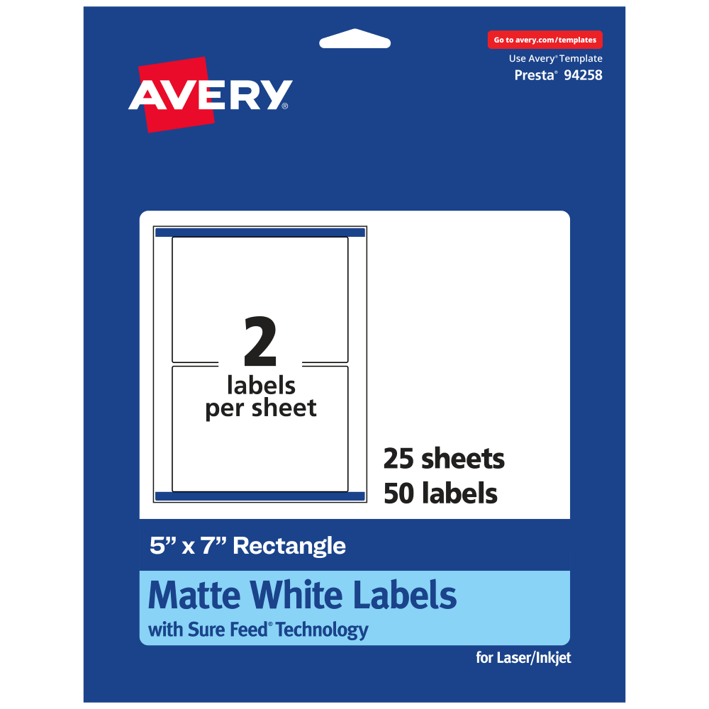 Avery Permanent Labels With Sure Feed, 94258-WMP25, Rectangle, 5in x 7in, White, Pack Of 50 MPN:94258-WMP25