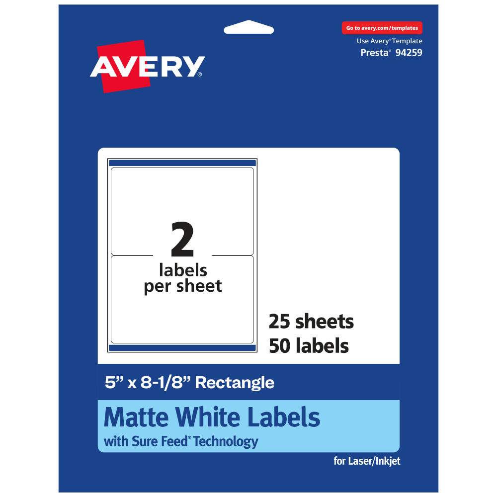 Avery Permanent Labels With Sure Feed, 94259-WMP25, Rectangle, 5in x 8-1/8in, White, Pack Of 50 MPN:94259-WMP25