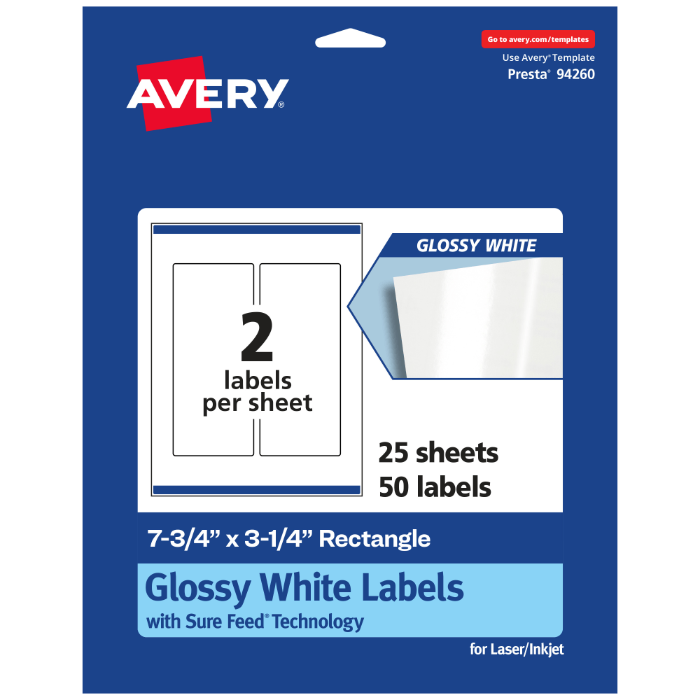 Avery Glossy Permanent Labels With Sure Feed, 94260-WGP25, Rectangle, 7-3/4in x 3-1/4in, White, Pack Of 50 MPN:94260-WGP25