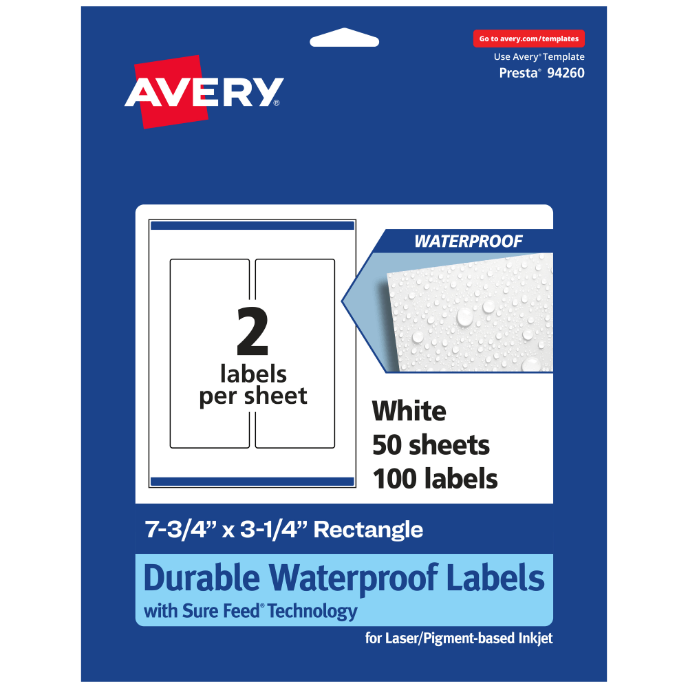 Avery Waterproof Permanent Labels With Sure Feed, 94260-WMF50, Rectangle, 7-3/4in x 3-1/4in, White, Pack Of 100 MPN:94260-WMF50
