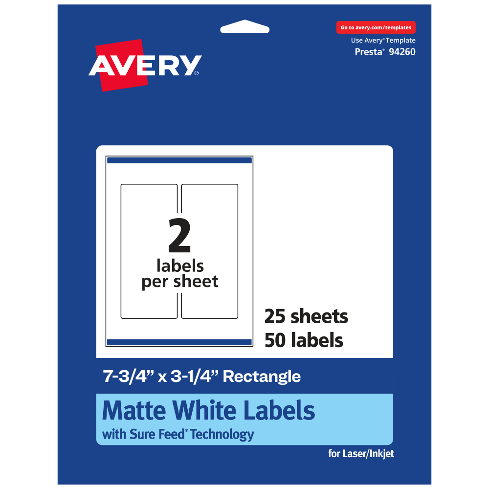 Avery Permanent Labels With Sure Feed, 94260-WMP25, Rectangle, 7-3/4in x 3-1/4in, White, Pack Of 50 MPN:94260-WMP25
