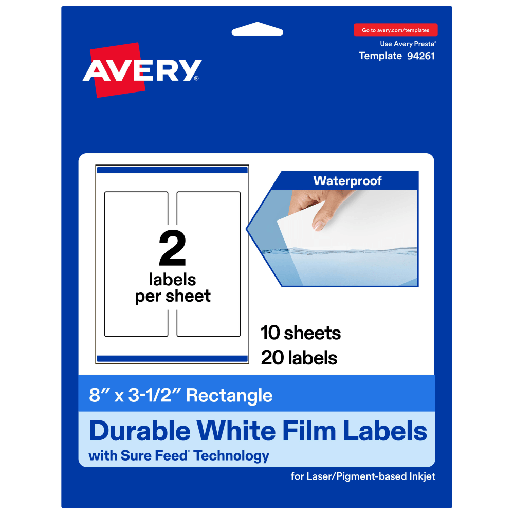 Avery Waterproof Permanent Labels With Sure Feed, 94261-WMF10, Rectangle, 8in x 3-1/2in, White, Pack Of 20 MPN:94261-WMF10