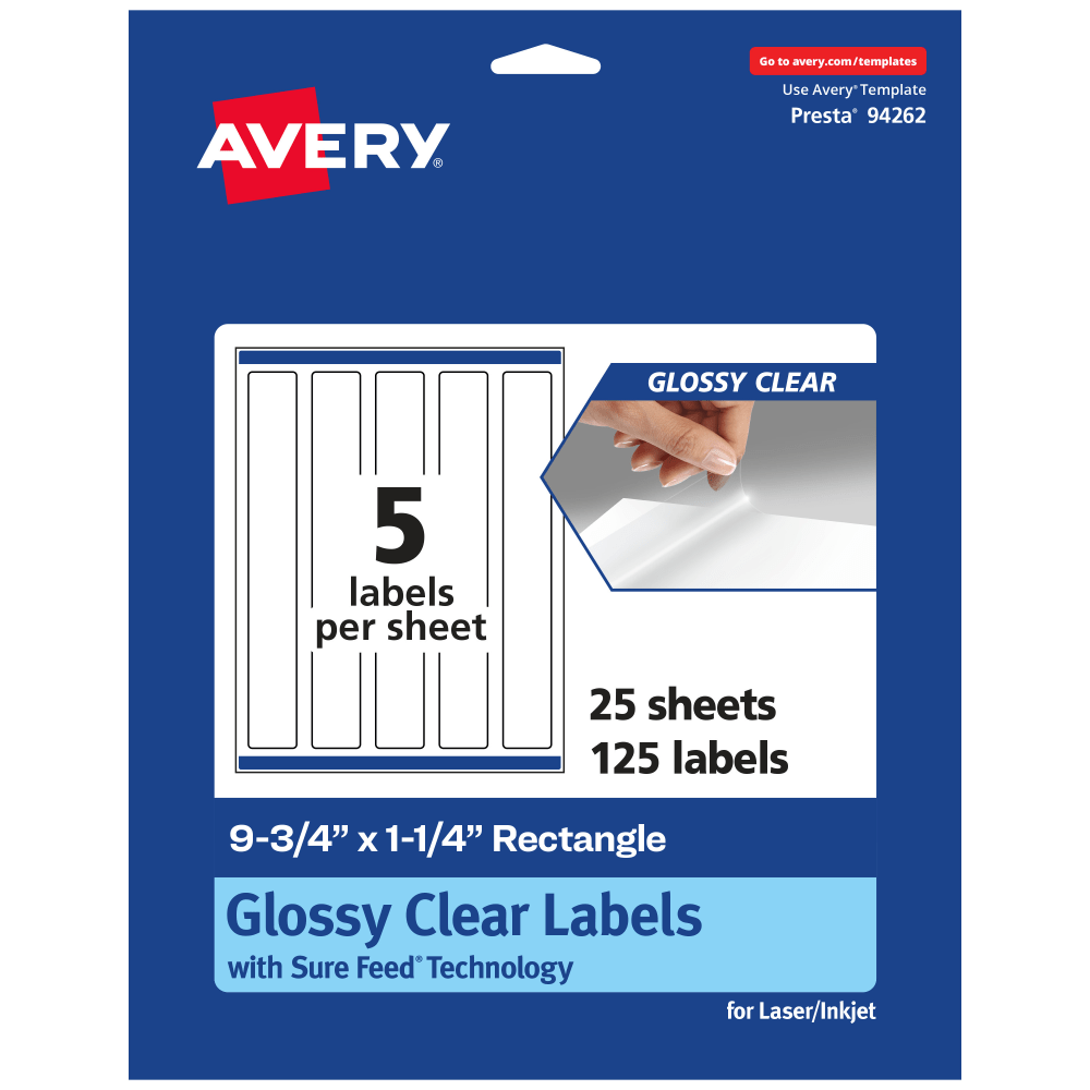 Avery Glossy Permanent Labels With Sure Feed, 94262-CGF25, Rectangle, 9-3/4in x 1-1/4in, Clear, Pack Of 125 MPN:94262-CGF25