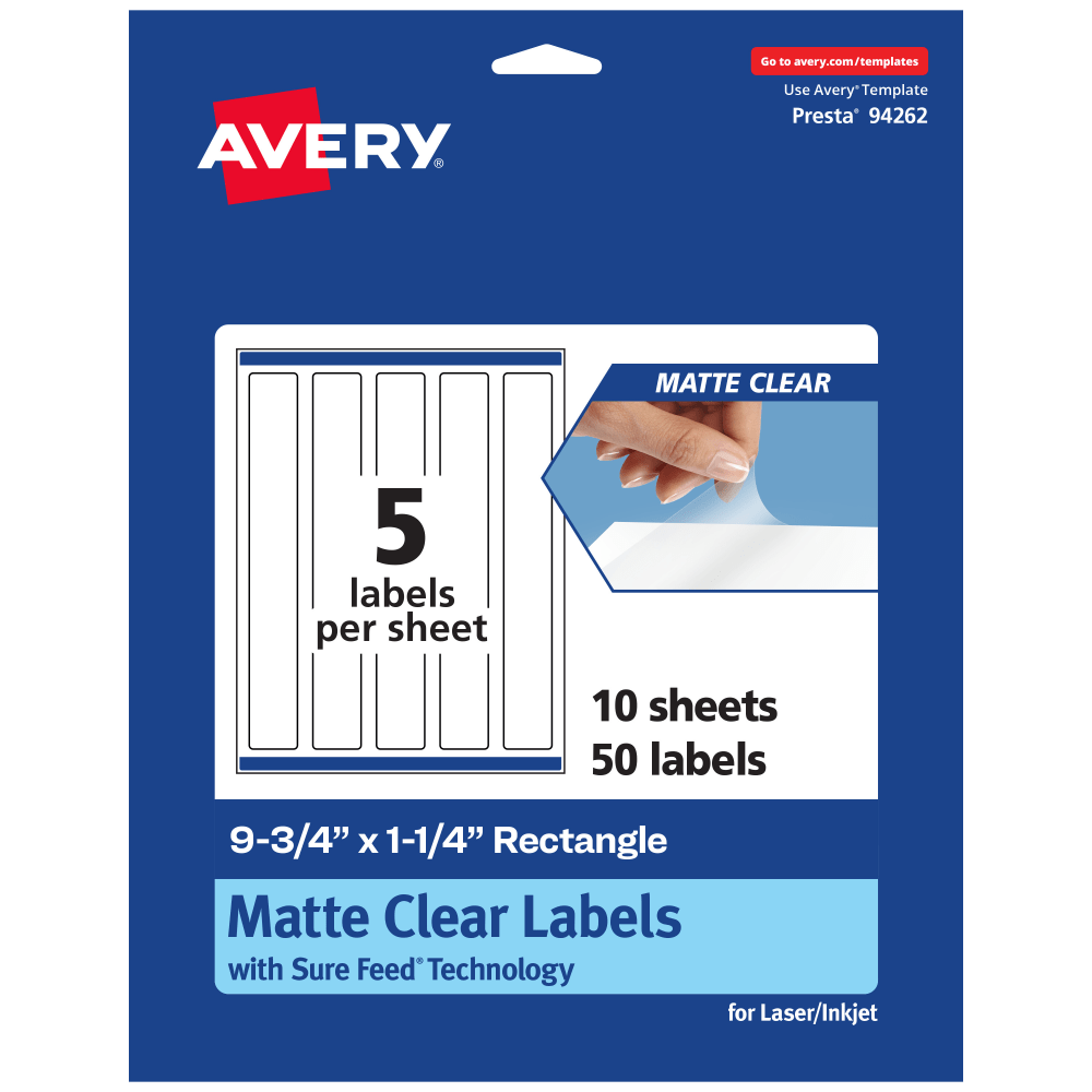 Avery Permanent Labels With Sure Feed, 94262-CMF10, Rectangle, 9-3/4in x 1-1/4in, Matte Clear, Pack Of 50 MPN:94262-CMF10