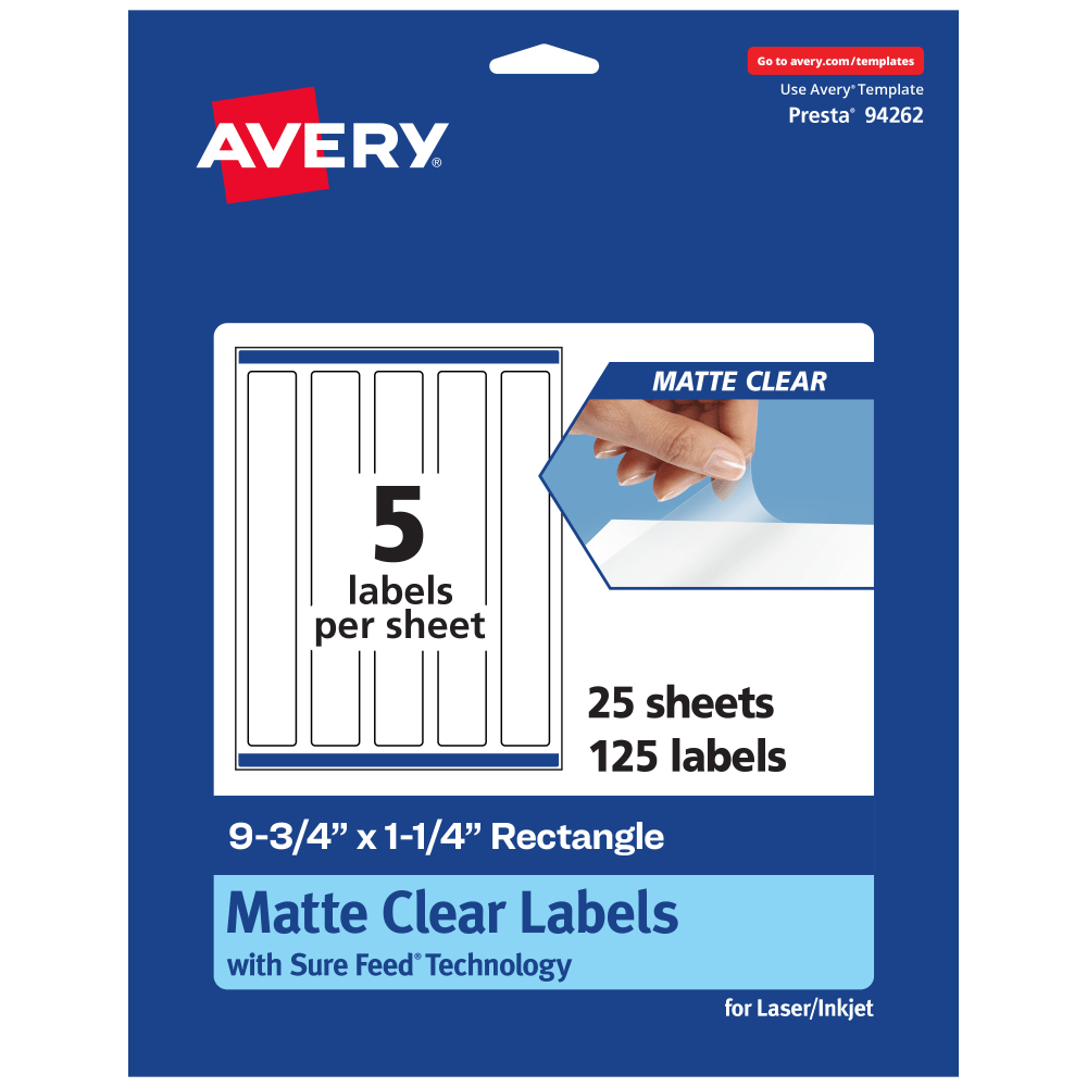 Avery Permanent Labels With Sure Feed, 94262-CMF25, Rectangle, 9-3/4in x 1-1/4in, Matte Clear, Pack Of 125 MPN:94262-CMF25
