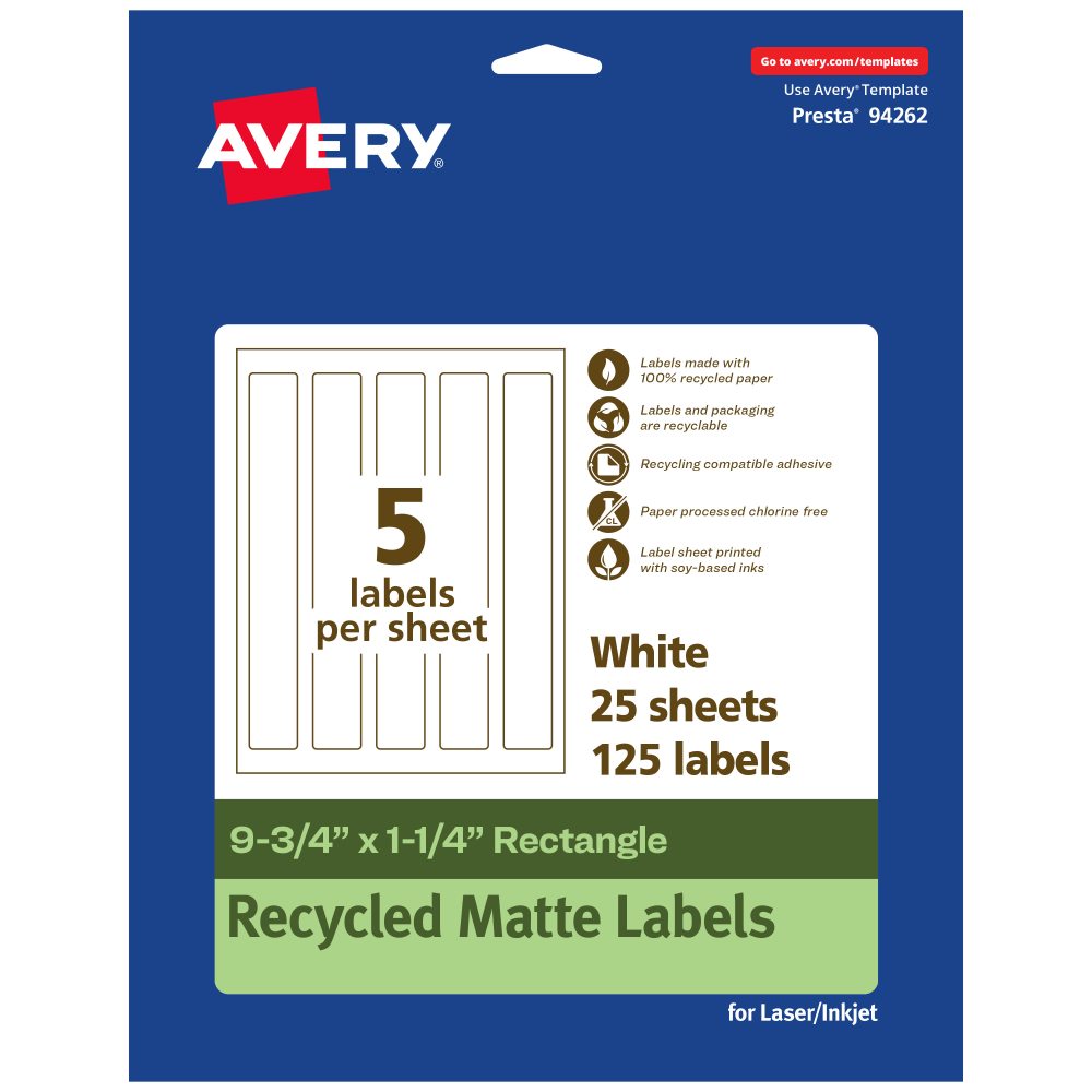 Avery Recycled Paper Labels, 94262-EWMP25, Rectangle, 9-3/4in x 1-1/4in, White, Pack Of 125 MPN:94262-EWMP25